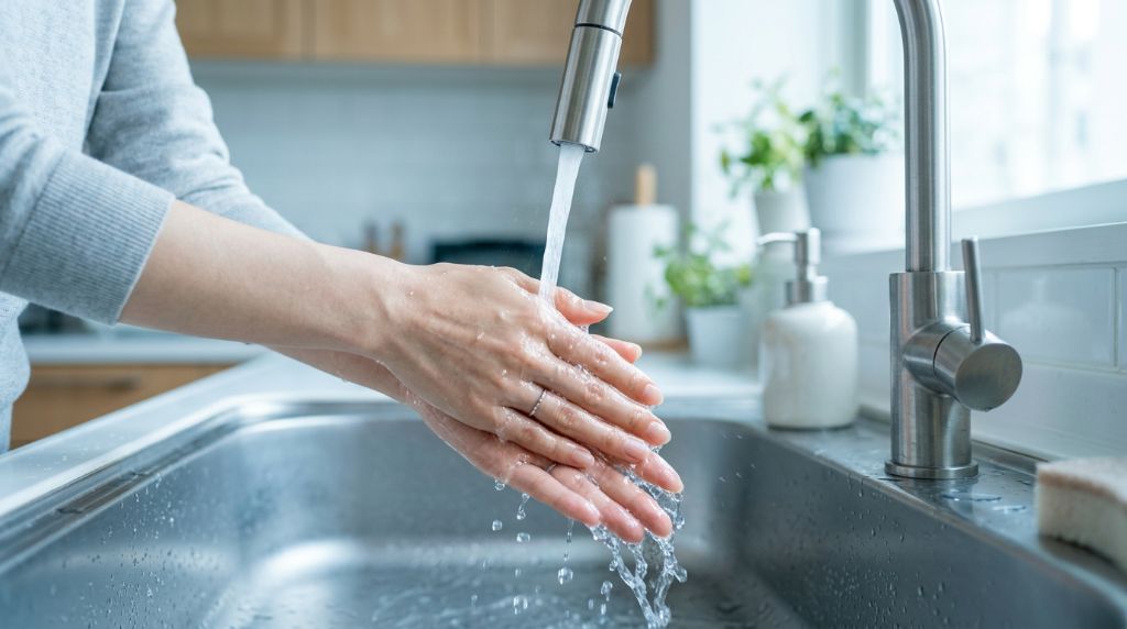 キッチンで水道を使う女性の手