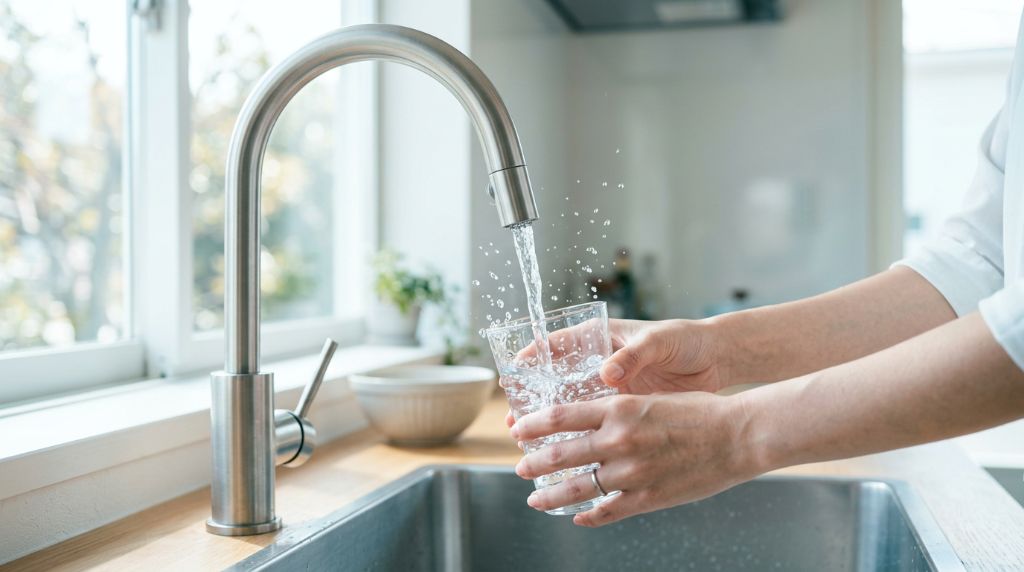キッチンで水を注ぐ女性の手